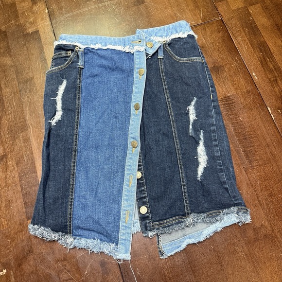 SJYP Womens Denim Patchwork Asymmetrical Fringe Pencil Skirt Blue Size Medium‎ - Picture 3 of 8